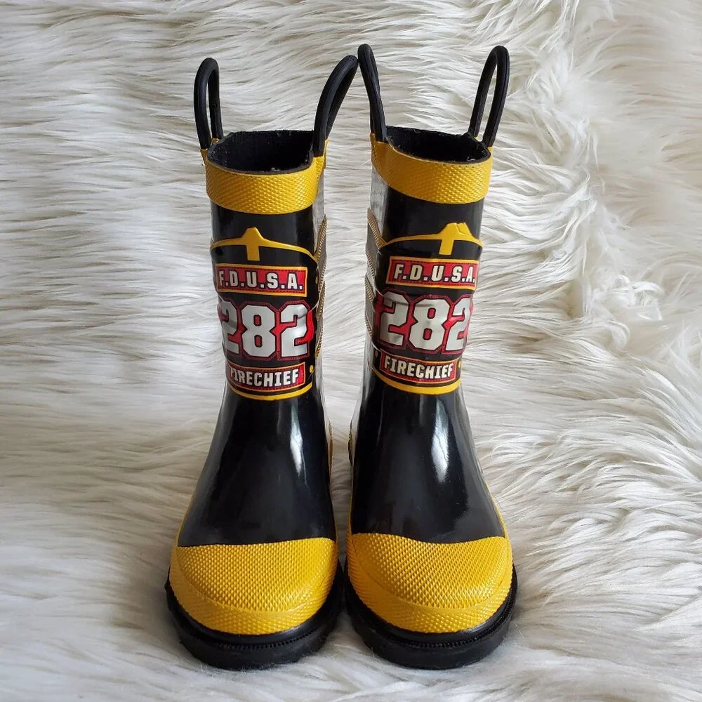 Western Chief Kids Black/Yellow Firefighter Waterproof Rain Boots SZ 8
